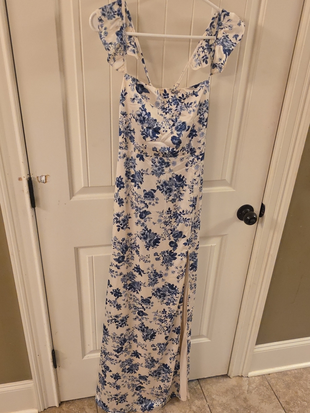 Windsor White Maxi Dress with Blue Floral Print and Ruffle Straps
